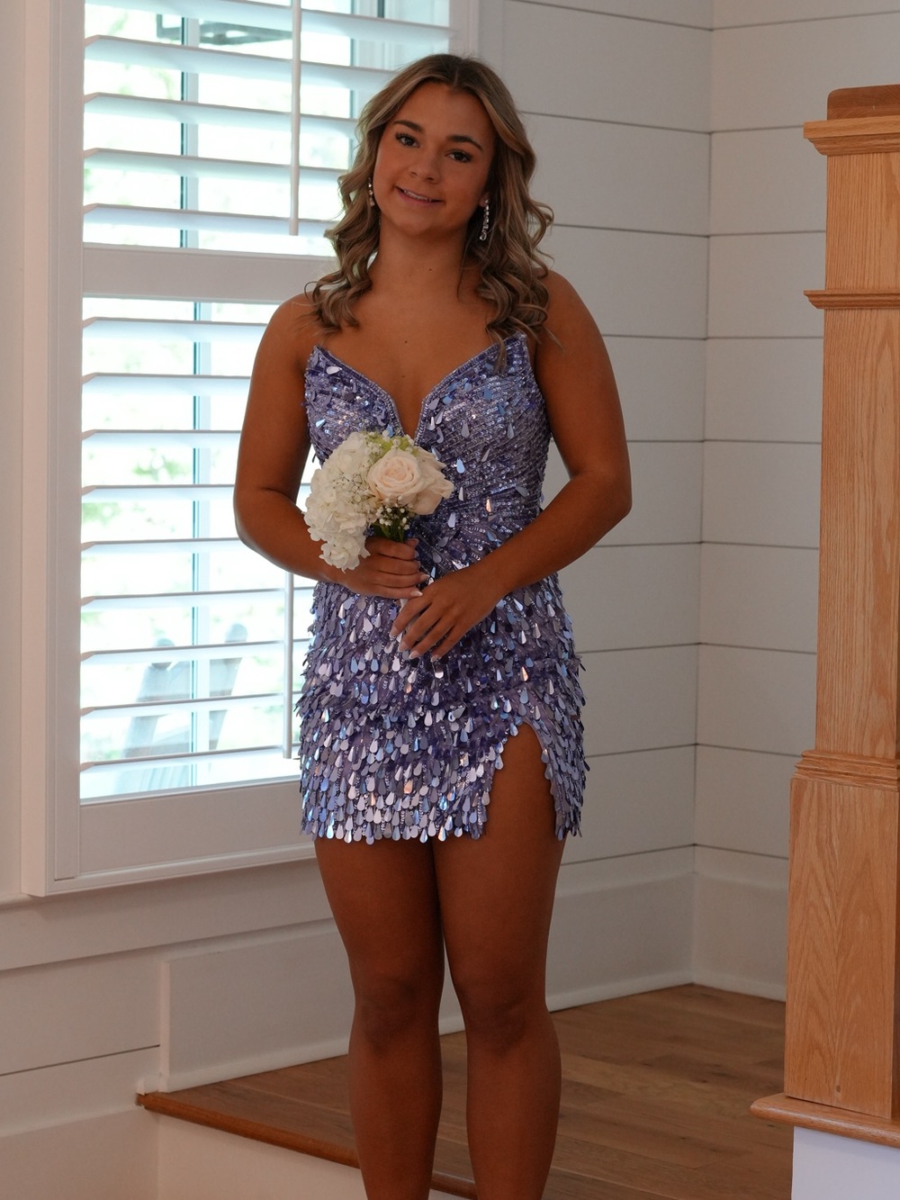 Jovani Lavender Sequin Mini Dress with Side Slit